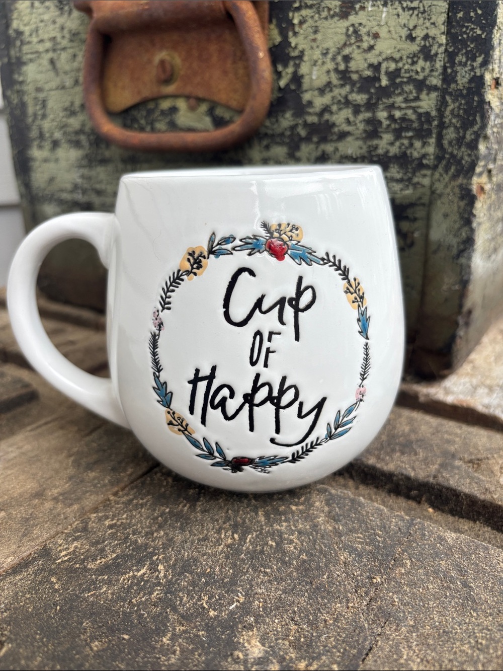 Prima Design Cup of Happy White Ceramic Mug with Floral Wreath